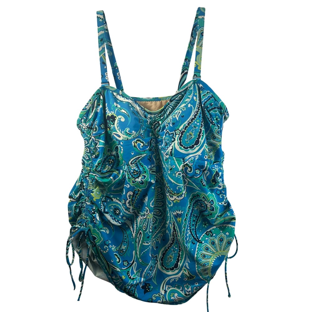 Lands End Womens Blue Paisley Ruched Cinch Side Tankini Swim Top 18W